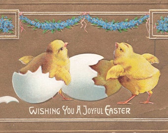Antique Easter Postcard with Chicks and Blue Flowers - Circa 1909