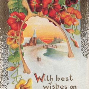 Nouvel An : Carte postale antique de Nouvel An | Meilleurs voeux des années 1900 le jour du Nouvel An | Vintage floral et scène d'église en relief | Éphémères à collectionner