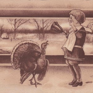 Ação de Graças: Cartão postal antigo de Ação de Graças de 1912 – Cena rústica de inverno com peru e criança, litografia em relevo por E. Nash