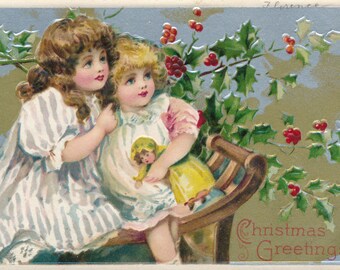 Christmas: Antique Victorian Christmas Postcard with Children and Holly Design