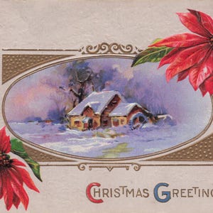 Antike Weihnachts-Postkarte mit verschneitem Häuschen und Weihnachtssternen – Geprägte Vintage Karte