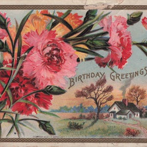 Antike Geburtstagskarte von ca. 1910 – Rote Nelken & Sonnenuntergang beim Landhaus