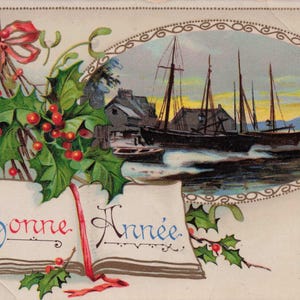 Élégante carte postale ancienne française "Bonne Année" - Scène nautique et houx (début des années 1900)