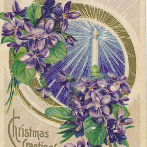 Natale: antica cartolina natalizia dei primi anni del 1900 con fiori viola nontiscordardime – Biglietto di auguri vintage per le feste