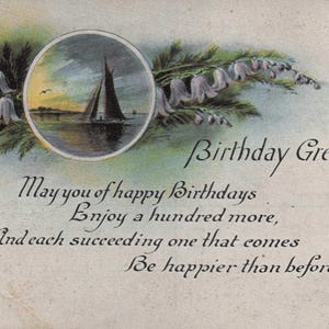 Geburtstag: Antike 1920 Geburtstags Postkarte – Segeln bei Sonnenuntergang mit Blumenrand & Gedicht | Nautische Geburtstagsgrüße Ephemera