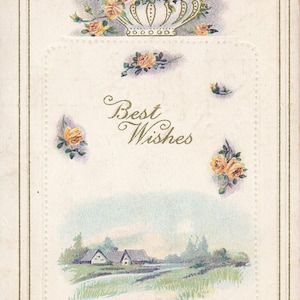 Best Wishes: Antike 1916 'Best Wishes' Blumen Postkarte mit rustikaler Landschaftsszene, Anfang des 20.Jahrhunderts Grußkarten Sammler