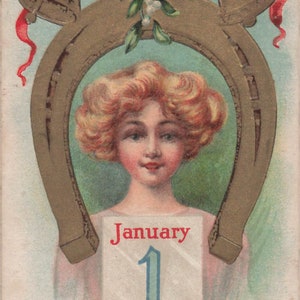 Capodanno: Antica cartolina di Capodanno con ferro di cavallo e campanelli - Circa 1912