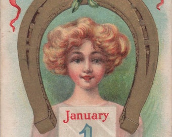 Antique New Year Postcard: Horseshoe, Bells, 1912