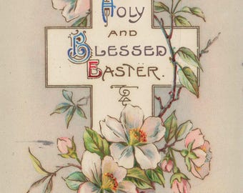 Antieke paaskaart uit 1910: religieuze bloesems en bijbeltekst