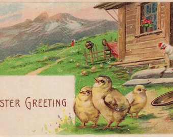 Antique Easter Greeting Postcard – Mountain Farmhouse, Baby Chicks & Hen