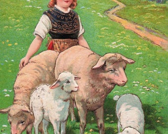 Antique Easter Postcard – Child, Lambs, Pastoral Scene, Vintage Greeting