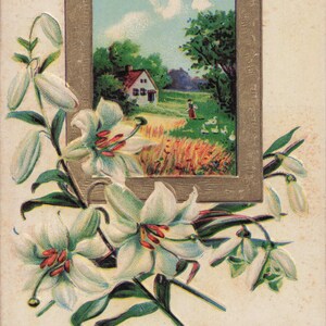 Antike Oster-Postkarte – Prächtige Geprägte Lilien und Landschaftsszene – Sammlerstück