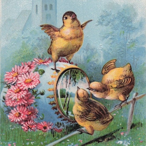 Easter: Antique Embossed Easter Postcard | Church and Chicks with Floral Easter Egg | “Easter Greetings” | Postmarked Early 1900s