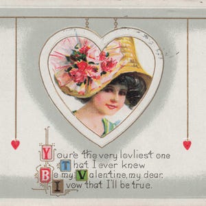 Carte postale ancienne Saint-Valentin 1912 – Portrait en forme de cœur avec poème – "Sois Mon Valentin" – Art en relief (P.C. 254)