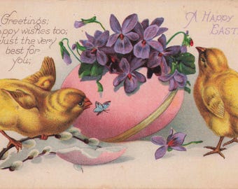 Antique 1926 Easter Postcard – Sweet Chicks, Giant Pink Egg & Purple Violets | “A Happy Easter” | Made in USA