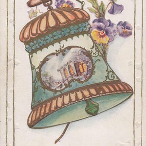 Pasen: charmante antieke paaswenskaart - prachtige bel en bloemdessin - vintage kaart met reliëf