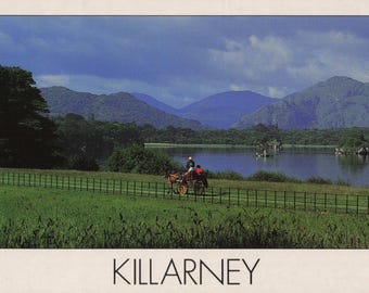 Vintage Killarney Ireland Postcard – Scenic Lakes, Mountains & Jaunting Car Adventure