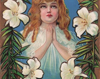 Antique Easter Postcard – Praying Angel Child, Lilies, Gold Script (c. 1913)