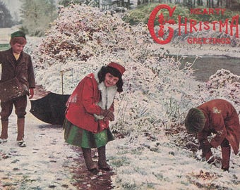 Antique Christmas Postcard: Children Playing in Snow, 1906