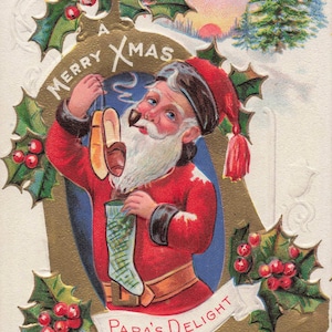 Natal: Cartão postal vintage de Papai Noel "Feliz Natal - Delícia do Papai" - Cartão de Natal antigo em relevo - Item colecionável de Natal do início dos anos 1900