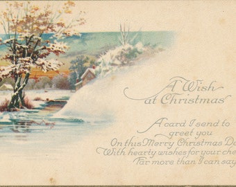 Carte postale de Noël ancienne de 1909 : scène de chalet d'hiver