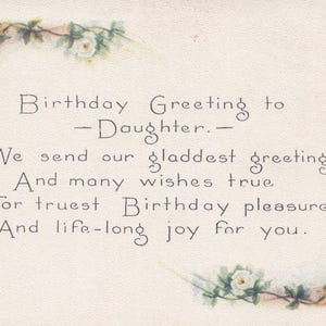 Geburtstag: Antike Geburtstagspostkarte für Tochter – Weiße Rosen & poetischer Segen (Owen Card Pub. Co., 121E)