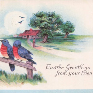 Ostern: Antike Ostergrüße Postkarte - Anfang des 20.Jahrhunderts Drosseln und ländliche Szene - Geprägtes Design