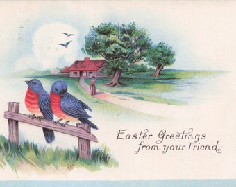 Carte postale ancienne de voeux de Pâques - Merlebleu du début du XXe siècle et scène champêtre - Motif en relief