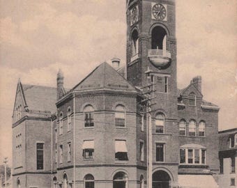 Maine: Antique Brunswick, Maine Postcard - Town Hall - Early 1900s Monochrome Architecture Scene