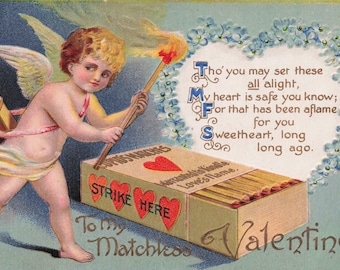 Antique Valentine Postcard – Cupid Lights a Match for Love! | “To My Matchless Valentine” | Embossed Romantic Card