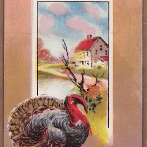 Carte postale ancienne de Thanksgiving – Dinde vibrante et scène champêtre – Oblitérée 1910 – Livraison gratuite dans le monde entier !