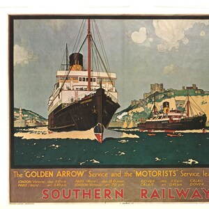 Vintage Southern Railway Golden Arrow Poster | 1930er Dover-Calais Reiseplakat | Britische Eisenbahnwerbung