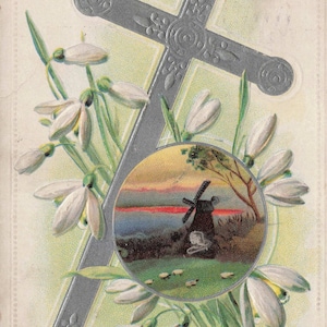 Ostern: Eine fröhliche Osterzeit – 1910 Antike geprägte Postkarte mit Kreuz, Schneeglöckchen und Windmühle bei Sonnenuntergang – Raphael Tuck & Sons
