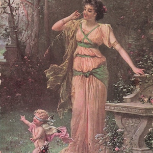 Valentine: Antique 1907 Postcard – Romantic Woman & Cupid – German American Novelty Art – Embossed Edwardian Era