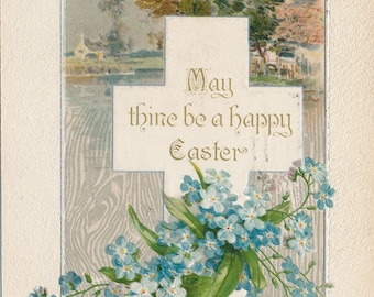 Easter: 1909 Antique Easter Postcard with Floral Cross Design - Vintage Religious Holiday Greeting