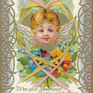 Saint-Valentin : ancienne carte postale de la Saint-Valentin de 1910. Cupidon spécial entouré de fleurs colorées vous demandant d'être mon valentin.