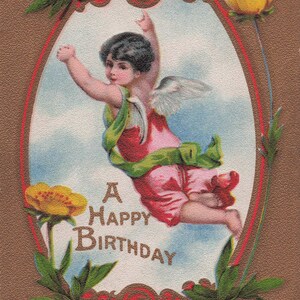 Carte postale d’anniversaire antique – Charme angélique avec fleurs jaunes vibrantes (Début des années 1900)