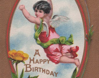 Antique Birthday Postcard – Angelic Charm with Vibrant Yellow Flowers (Early 1900s)
