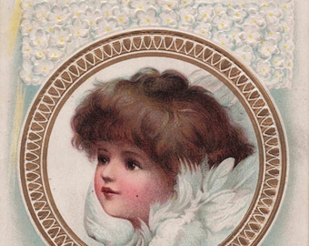 Antique Embossed Easter Postcard – Child Portrait, Floral Cross, “All Easter Joy” Greeting