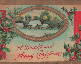Una Brillante y Feliz Navidad – Postal Antigua con Pueblo Nevado y Acebo