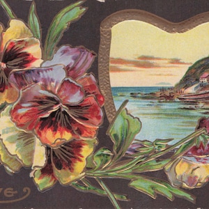 Carte Postale Ancienne LOVE Embossée | Pensées & Scène Côtière | Éphémère Romantique du Début 1900