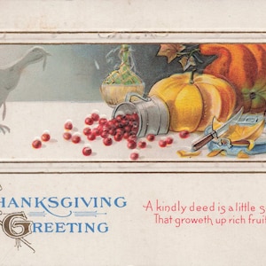 Carte Postale Ancienne de Thanksgiving - "Salutations de Thanksgiving" - Citrouilles, Canneberges & Dinde