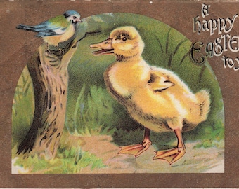 Antique 1911 "A Happy Easter to You" Duckling & Bluebird