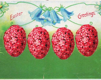 Antique 1908 Easter Greetings Postcard – Floral Easter Eggs & Bluebells