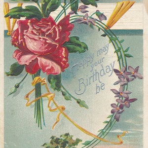 Geburtstag: Antike Geburtstagsgrüße Postkarte, circa 1910er Jahre, Vintage Blumenkranz und Landschaft, Sammlerstück Ephemera