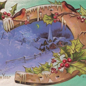 New Year: Wishing You a Happy New Year - Vintage Postkarte mit Rotkehlchen & Stechpalmen (1913)