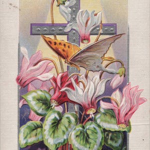 Une Joyeuse Pâques - Carte Postale Ancienne avec Croix et Fleurs de Printemps (1910s)