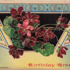 Carte postale d'anniversaire antique de 1912 – Fleurs rouges vives & accents dorés Art Déco