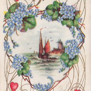 Hommage d’Amour – Carte Postale Ancienne de Saint-Valentin 1910 avec Myosotis & Voilier