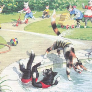 Novedad: Postal vintage de Alfred Mainzer &quot;Gatos en la piscina&quot; – Escena de gato antropomórfica de Eugene Hartung – Ilustración lúdica de mediados de siglo
